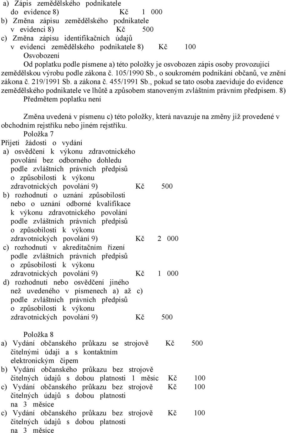 219/1991 Sb. a zákona č. 455/1991 Sb., pokud se tato osoba zaeviduje do evidence zemědělského podnikatele ve lhůtě a způsobem stanoveným zvláštním právním předpisem.