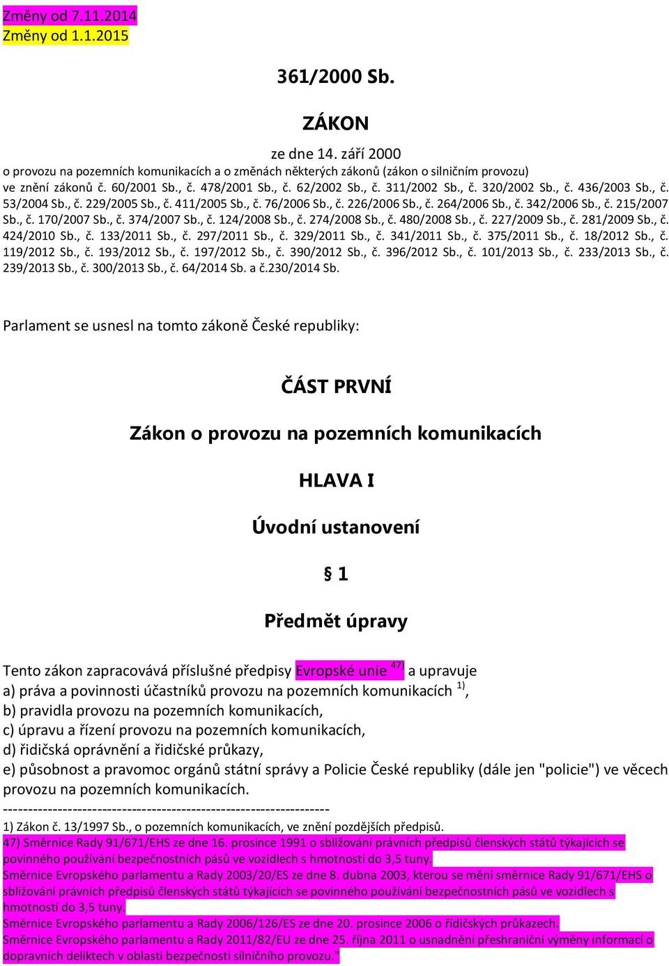 , č. 215/2007 Sb., č. 170/2007 Sb., č. 374/2007 Sb., č. 124/2008 Sb., č. 274/2008 Sb., č. 480/2008 Sb., č. 227/2009 Sb., č. 281/2009 Sb., č. 424/2010 Sb., č. 133/2011 Sb., č. 297/2011 Sb., č. 329/2011 Sb.