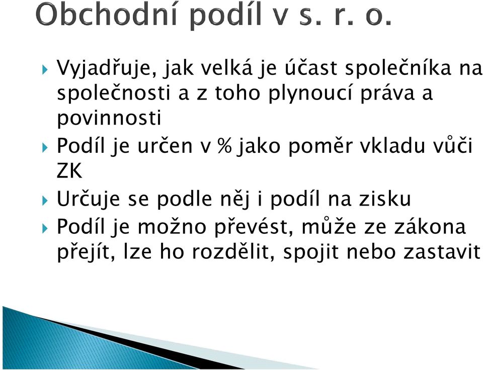 vůči ZK Určuje se podle něj i podíl na zisku Podíl je možno