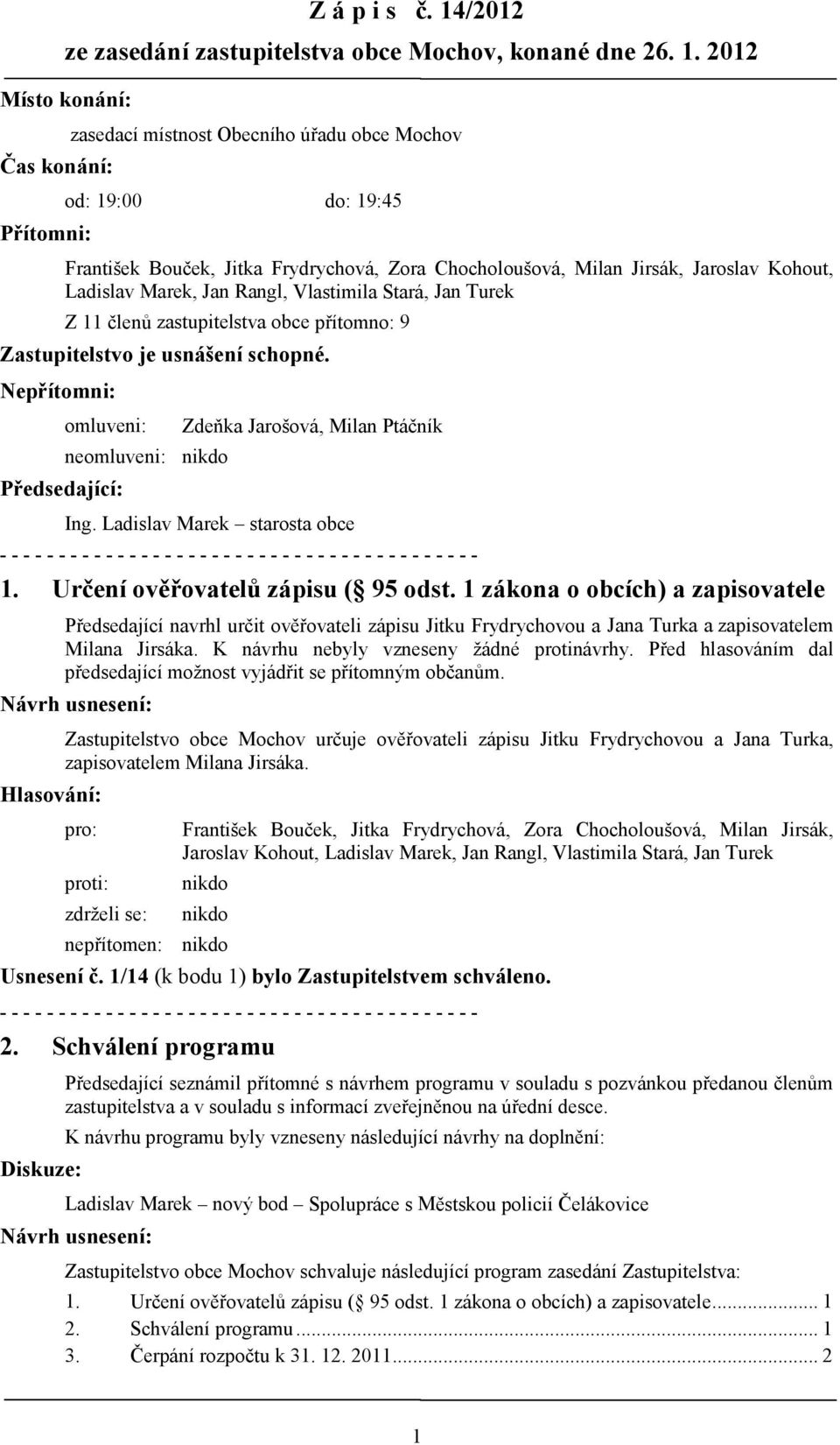 2012 Místo konání: zasedací místnost Obecního úřadu obce Mochov Čas konání: od: 19:00 do: 19:45 Přítomni: František Bouček, Jitka Frydrychová, Zora Chocholoušová, Milan Jirsák, Jaroslav Kohout,