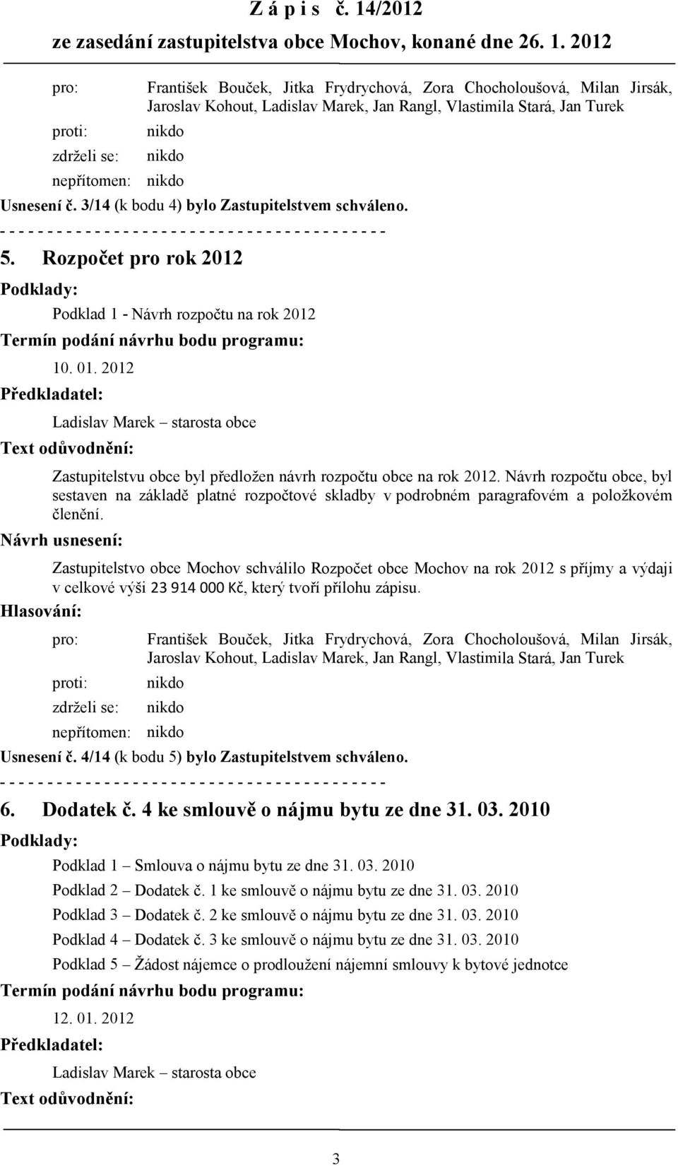 2012 pro: František Bouček, Jitka Frydrychová, Zora Chocholoušová, Milan Jirsák, Jaroslav Kohout, Ladislav Marek, Jan Rangl, Vlastimila Stará, Jan Turek proti: zdrţeli se: nepřítomen: Usnesení č.