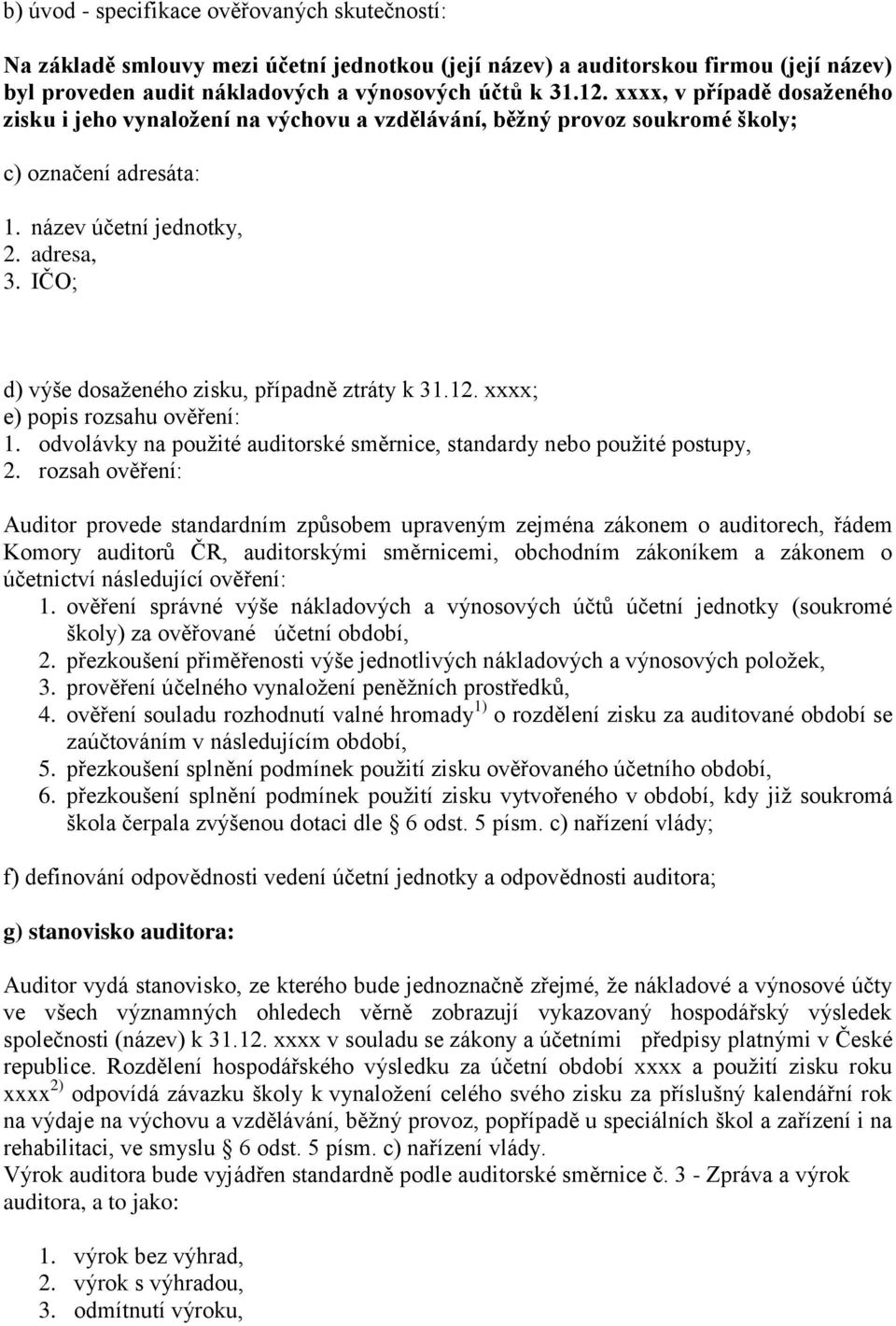 IČO; d) výše dosaženého zisku, případně ztráty k 31.12. xxxx; e) popis rozsahu ověření: 1. odvolávky na použité auditorské směrnice, standardy nebo použité postupy, 2.