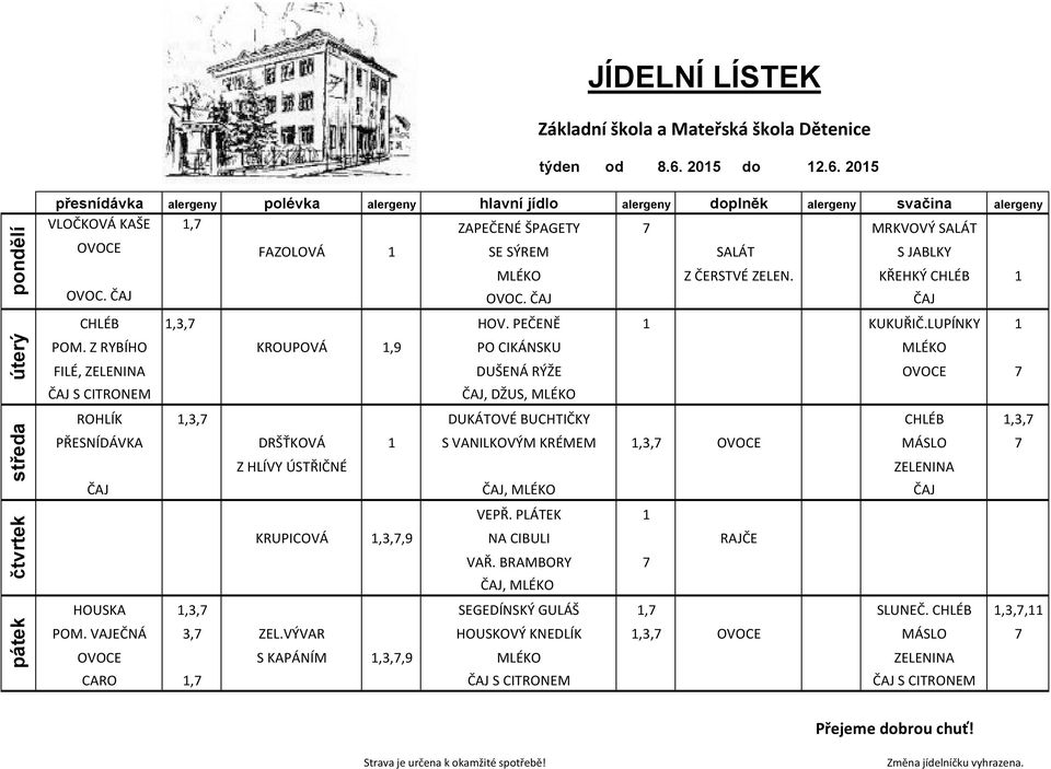 Z RYBÍHO KROUPOVÁ 1,9 PO CIKÁNSKU MLÉKO FILÉ, DUŠENÁ RÝŽE 7 S CITRONEM ROHLÍK 1,3,7, DŽUS, MLÉKO DUKÁTOVÉ BUCHTIČKY CHLÉB 1,3,7 PŘESNÍDÁVKA DRŠŤKOVÁ 1 S VANILKOVÝM KRÉMEM