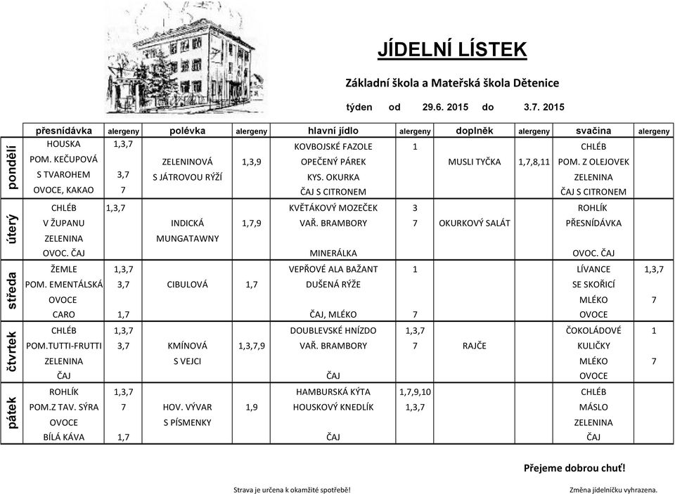 BRAMBORY 7 OKURKOVÝ SALÁT PŘESNÍDÁVKA OVOC. MUNGATAWNY MINERÁLKA OVOC. ŽEMLE 1,3,7 VEPŘOVÉ ALA BAŽANT 1 LÍVANCE 1,3,7 POM.