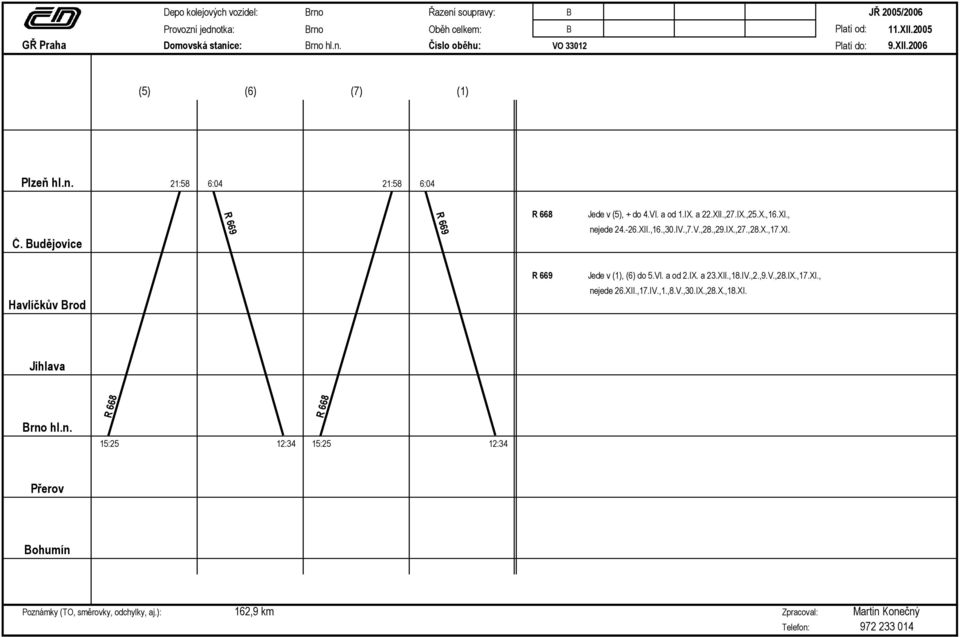 XI. Havlíčkův Brod R 669 Jede v (1), (6) do 5.VI. a od 2.IX. a 23.XII.,18.IV.,2.,9.V.,28.IX.,17.XI., nejede 26.XII.,17.IV.,,8.V.,30.IX.,28.X.,18.XI. Jihlava R 668 R 668 15:25 12:34 15:25 12:34 Přerov Bohumín Poznámky (TO, směrovky, odchylky, aj.