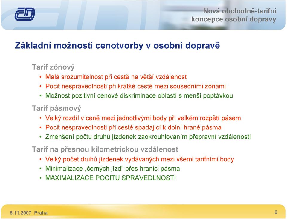 pásem Pocit nespravedlnosti při cestě spadající k dolní hraně pásma Zmenšení počtu druhů jízdenek zaokrouhlováním přepravní vzdálenosti Tarif na přesnou