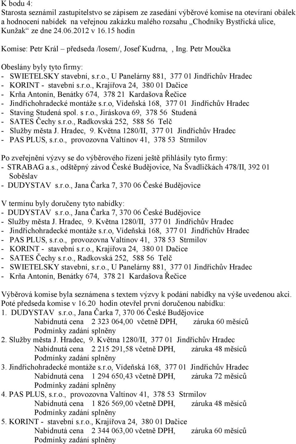 r.o., Krajířova 24, 380 01 Dačice - Krňa Antonín, Benátky 674, 378 21 Kardašova Řečice - Jindřichohradecké montáže s.r.o, Vídeňská 168, 377 01 Jindřichův Hradec - Staving Studená spol. s r.o., Jiráskova 69, 378 56 Studená - SATES Čechy s.