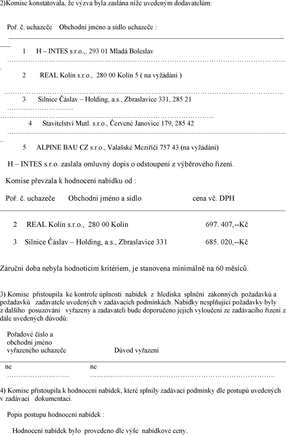 Komise převzala k hodnocení nabídku od : Poř. č. uchazeče Obchodní jméno a sídlo cena vč. DPH 2 REAL Kolín s.r.o., 280 00 Kolín 697. 407,--Kč 3 Silnice Čáslav Holding, a.s., Zbraslavice 331 685.