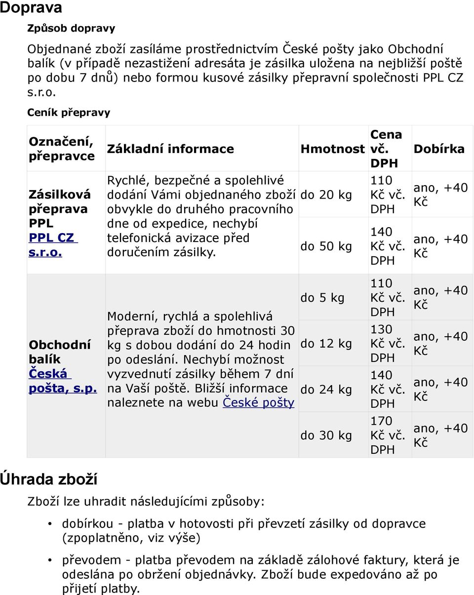 do 20 kg do 50 kg 110 vč. 140 vč. Dobírka Obchodní balík Česká pošta, s.p. Úhrada zboží Moderní, rychlá a spolehlivá přeprava zboží do hmotnosti 30 kg s dobou dodání do 24 hodin po odeslání.