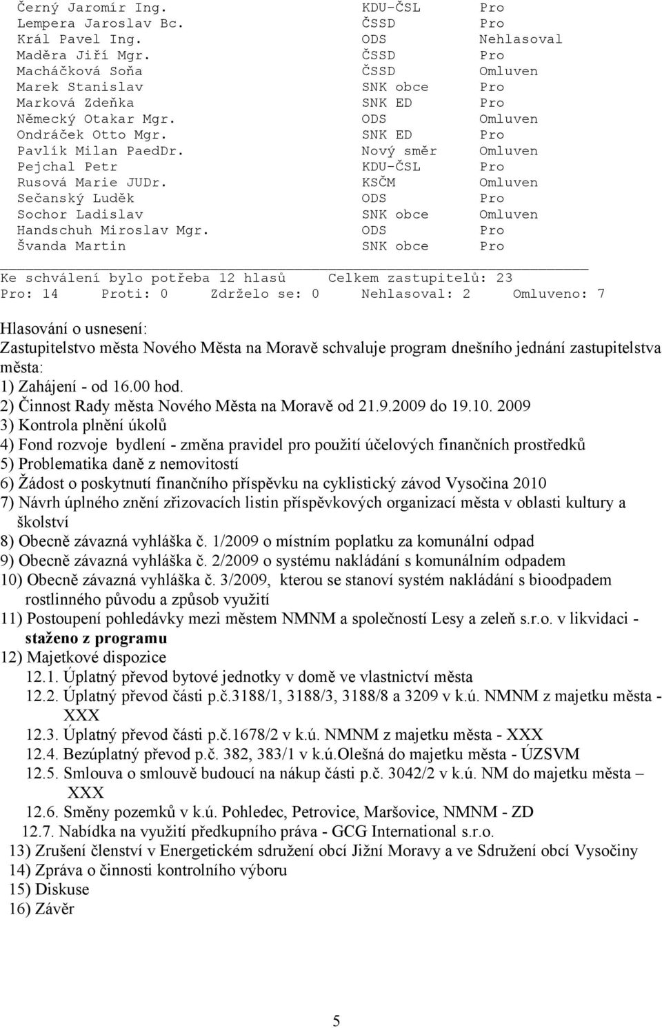 2) Činnost Rady města Nového Města na Moravě od 21.9.2009 do 19.10.