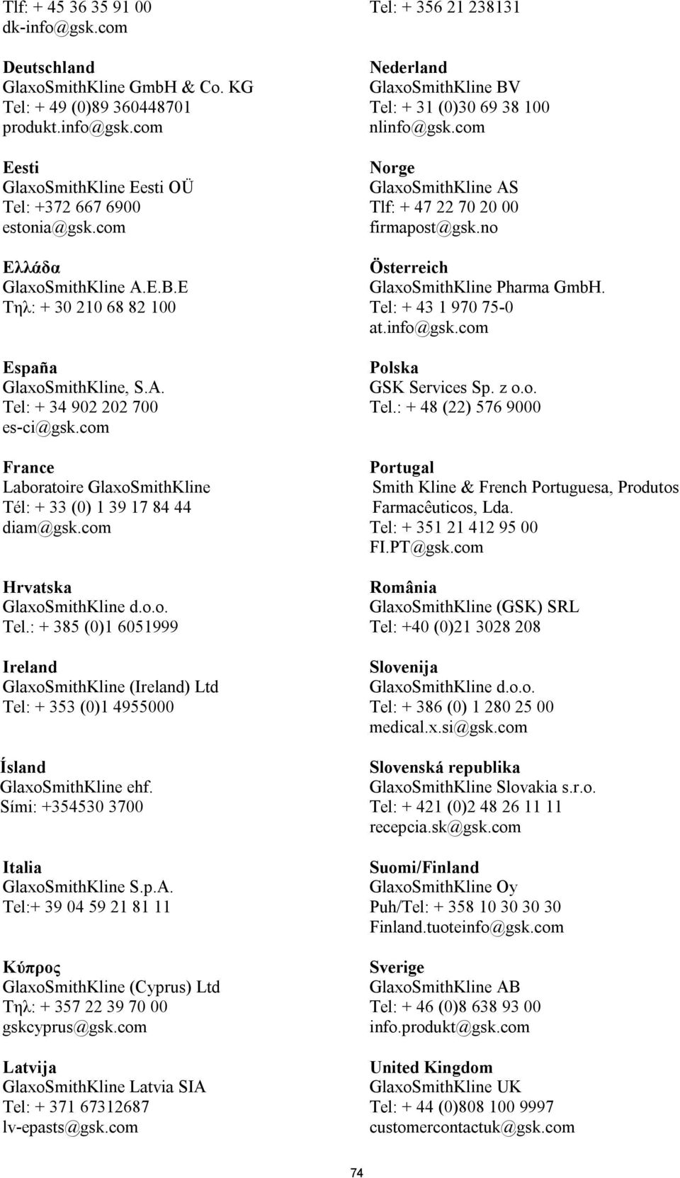 com Hrvatska GlaxoSmithKline d.o.o. Tel.: + 385 (0)1 6051999 Ireland GlaxoSmithKline (Ireland) Ltd Tel: + 353 (0)1 4955000 Ísland GlaxoSmithKline ehf. Sími: +354530 3700 Italia GlaxoSmithKline S.p.A.