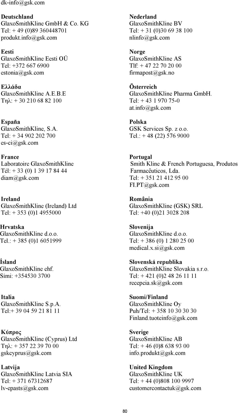 com Ireland GlaxoSmithKline (Ireland) Ltd Tel: + 353 (0)1 4955000 Hrvatska GlaxoSmithKline d.o.o. Tel.: + 385 (0)1 6051999 Ísland GlaxoSmithKline ehf. Sími: +354530 3700 Italia GlaxoSmithKline S.p.A.