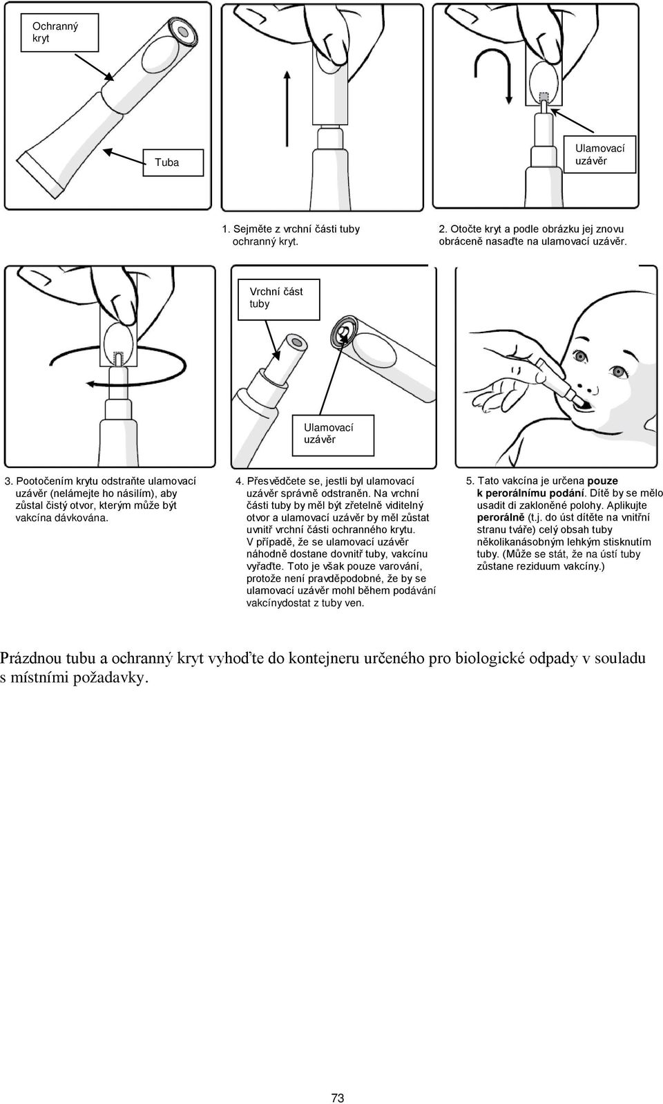 Na vrchní části tuby by měl být zřetelně viditelný otvor a ulamovací uzávěr by měl zůstat uvnitř vrchní části ochranného krytu.