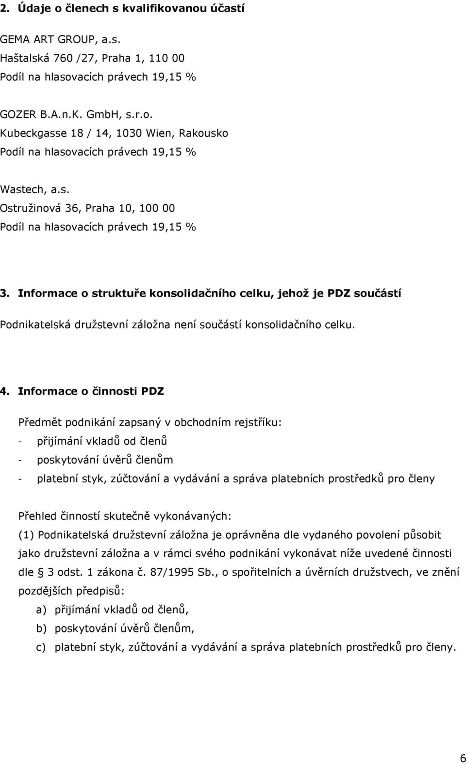 Informace o struktuře konsolidačního celku, jehož je PDZ součástí Podnikatelská družstevní záložna není součástí konsolidačního celku. 4.