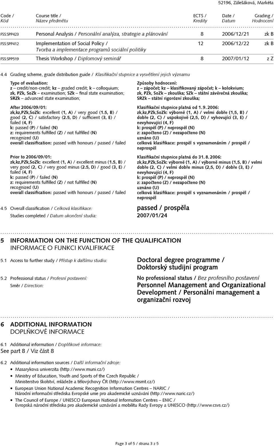 4 Grading scheme, grade distribution guide / Klasifikační stupnice a vysvětlení jejich významu Type of evaluation: z credit/non-credit; kz graded credit; k colloquium; zk, PZk, SoZk examination; SZk