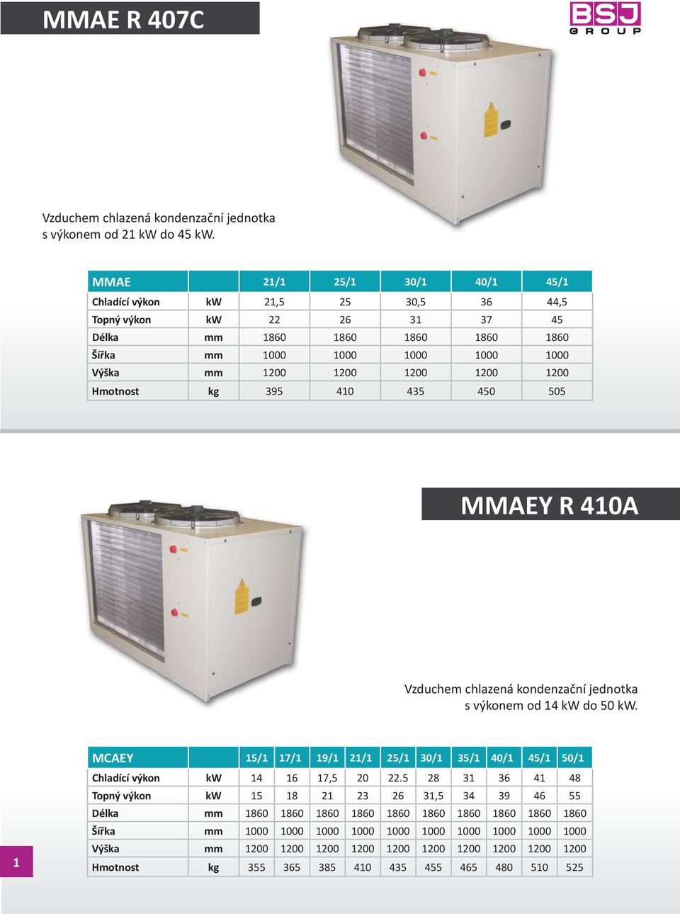 1200 1200 Hmotnost kg 395 410 435 450 505 MMAEY R 410A Vzduchem chlazená kondenzační jednotka s výkonem od 14 kw do 50 kw.