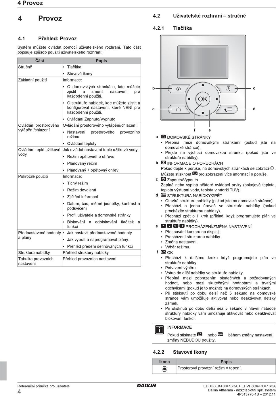 plány Struktura nabídky Tabulka provozních nastavení Tlačítka Stavové ikony Informace: Popis O domovských stránkách, kde můžete zjistit a změnit nastavení pro každodenní použití.
