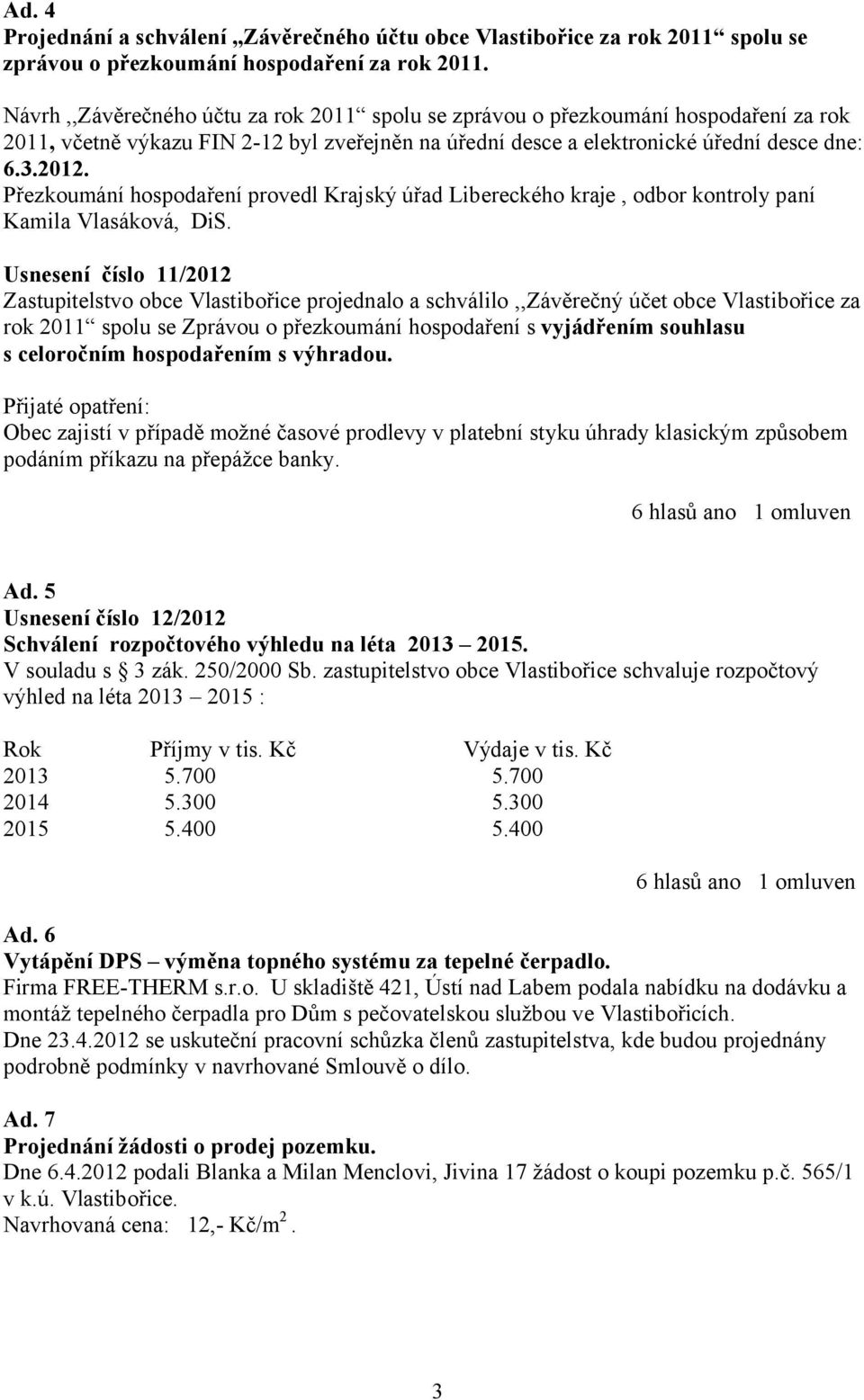 Přezkoumání hospodaření provedl Krajský úřad Libereckého kraje, odbor kontroly paní Kamila Vlasáková, DiS.