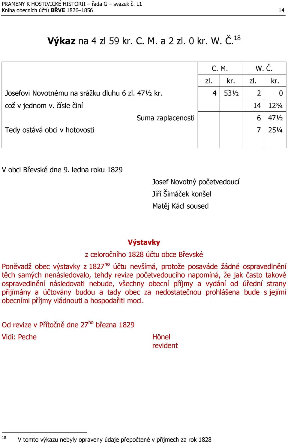 ledna roku 1829 Josef Novotný početvedoucí Jiří Šimáček konšel Matěj Kácl soused Výstavky z celoročního 1828 účtu obce Břevské Poněvadž obec výstavky z 1827 ho účtu nevšímá, protože posaváde žádné