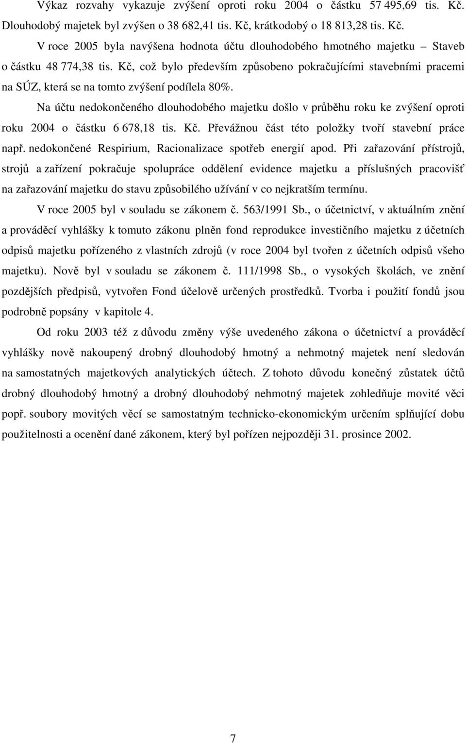 Na účtu nedokončeného dlouhodobého majetku došlo v průběhu roku ke zvýšení oproti roku 2004 o částku 6 678,18 tis. Kč. Převážnou část této položky tvoří stavební práce např.