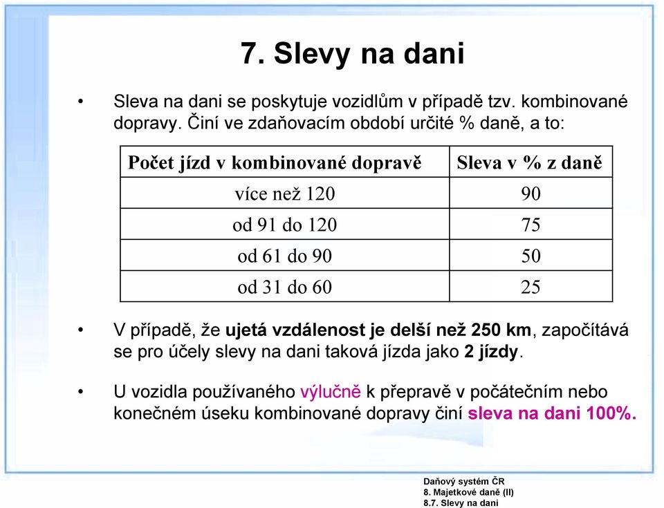 75 od 61 do 90 50 od 31 do 60 25 V případě, že ujetá vzdálenost je delší než 250 km, započítává se pro účely slevy na dani