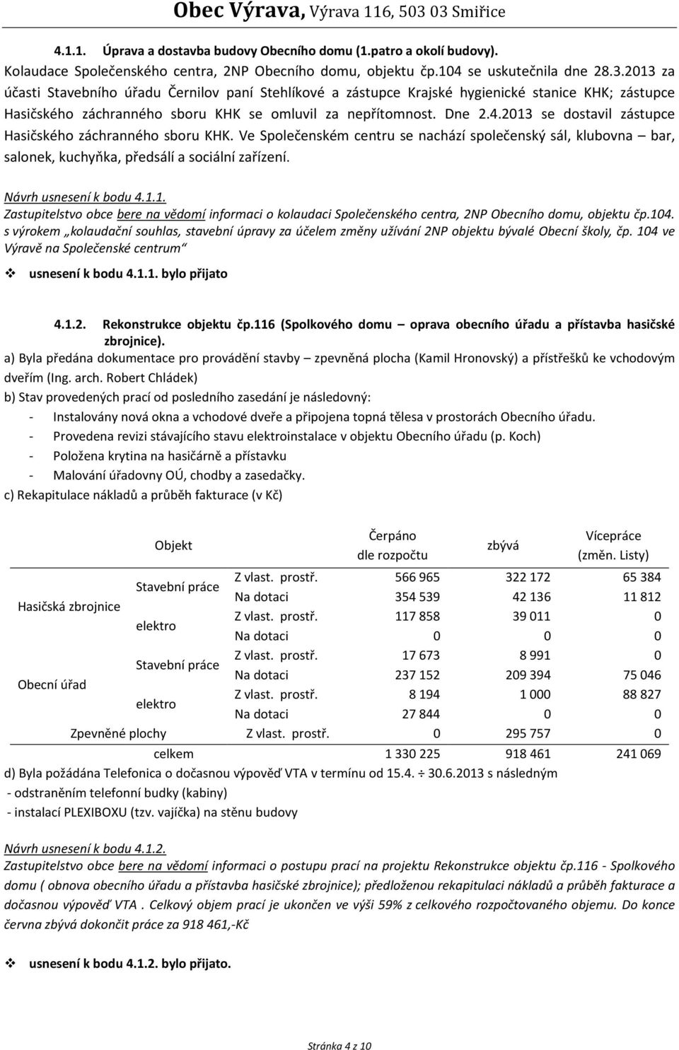 2013 se dostavil zástupce Hasičského záchranného sboru KHK. Ve Společenském centru se nachází společenský sál, klubovna bar, salonek, kuchyňka, předsálí a sociální zařízení. Návrh usnesení k bodu 4.1.1. Zastupitelstvo obce bere na vědomí informaci o kolaudaci Společenského centra, 2NP Obecního domu, objektu čp.