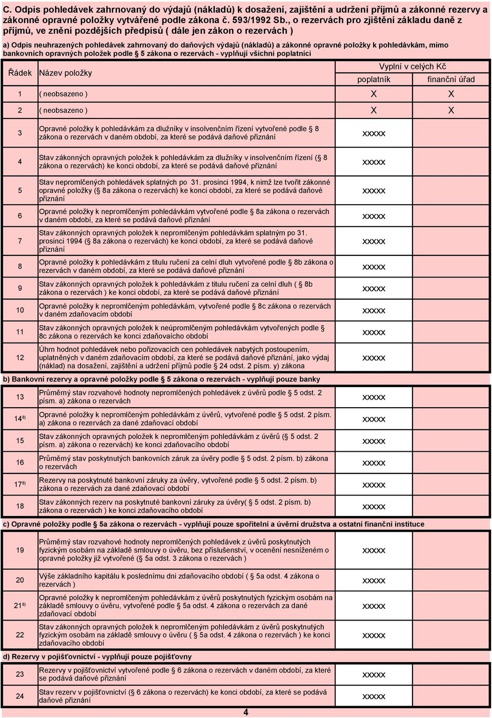 opravné položky k pohledávkám, mimo bankovních opravných položek podle 5 zákona o rezervách - vyplňují všichni poplatníci 1 ( neobsazeno ) X X 2 ( neobsazeno ) X X Opravné položky k pohledávkám za