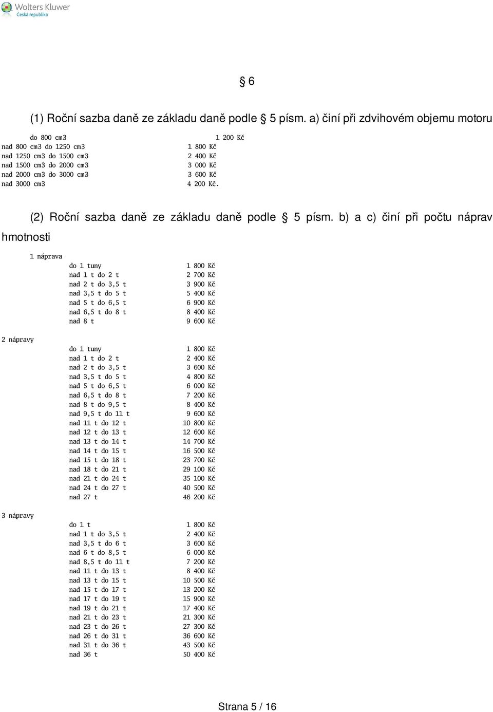 600 Kč 4 200 Kč. hmotnosti (2) Roční sazba daně ze základu daně podle 5 písm.