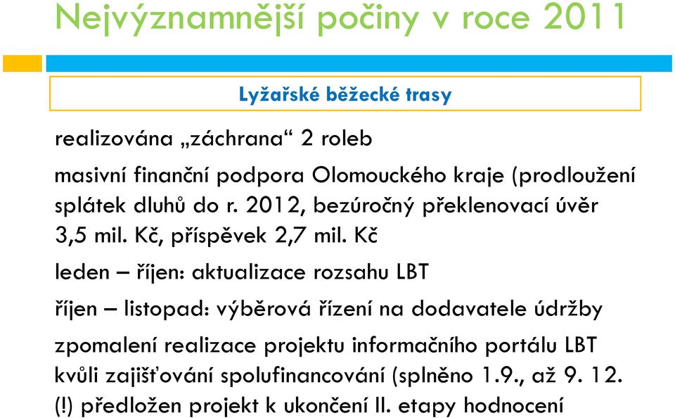 Kč leden říjen: aktualizace rozsahu LBT říjen listopad: výběrová řízení na dodavatele údržby zpomalení realizace projektu