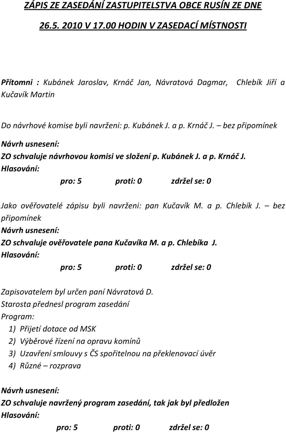 Kubánek J. a p. Krnáč J. Jako ověřovatelé zápisu byli navrženi: pan Kučavík M. a p. Chlebík J. bez připomínek ZO schvaluje ověřovatele pana Kučavíka M. a p. Chlebíka J.