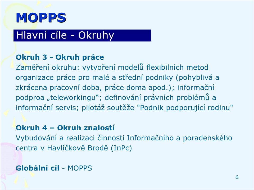 ); informační podproa teleworkingu ; definování právních problémů a informační servis; pilotáž soutěže "Podnik