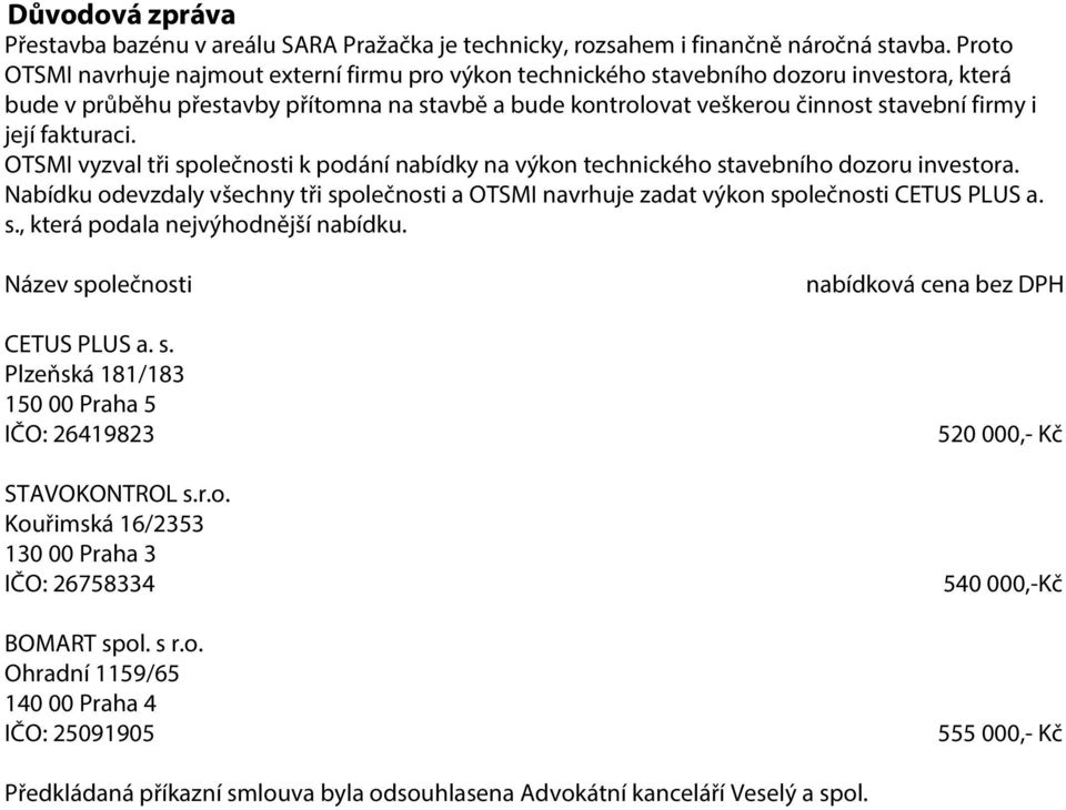 její fakturaci. OTSMI vyzval tři společnosti k podání nabídky na výkon technického stavebního dozoru investora.