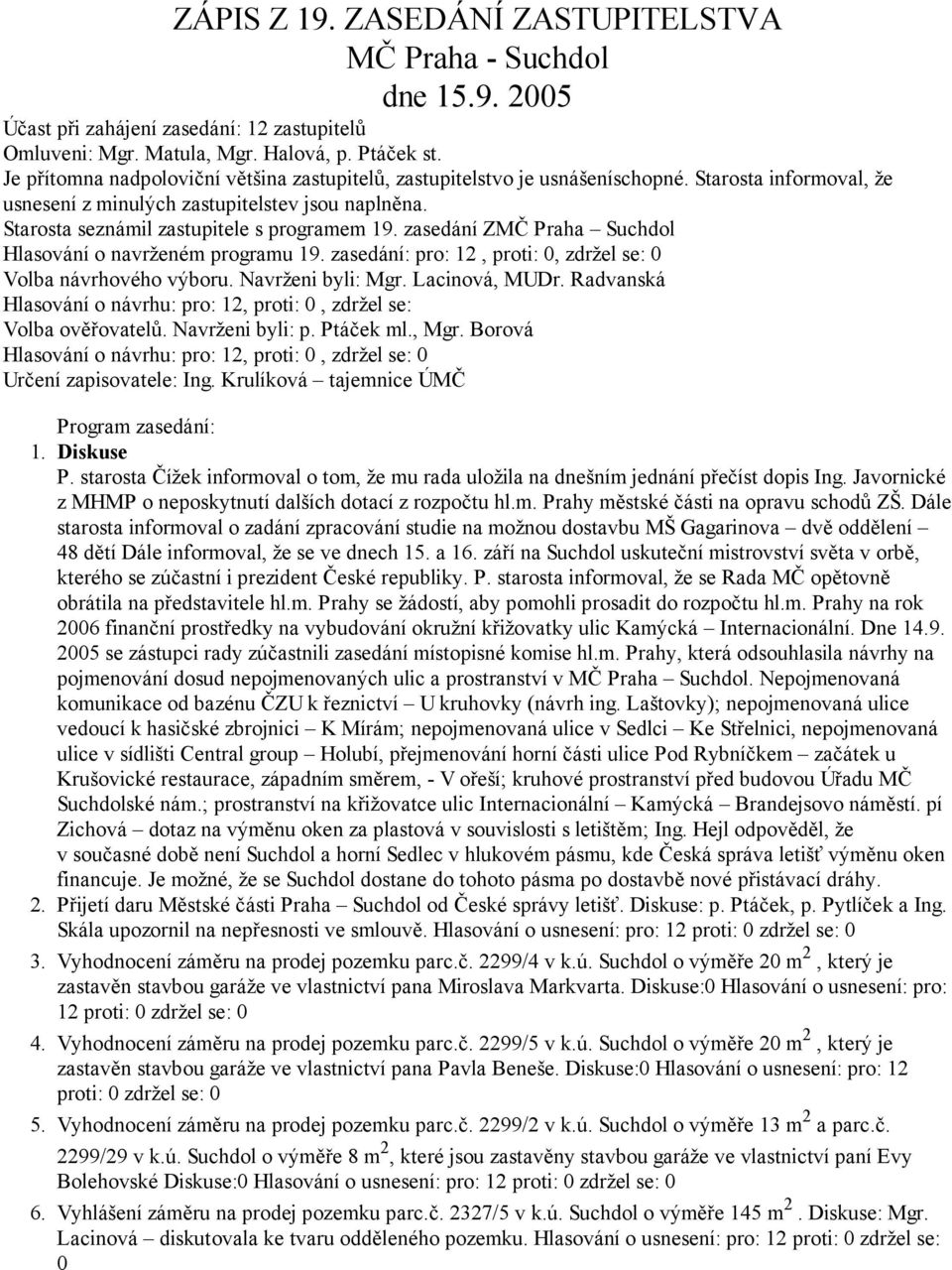 zasedání ZMČ Praha Suchdol Hlasování o navrženém programu 19. zasedání: pro: 12, proti: 0, zdržel se: 0 Volba návrhového výboru. Navrženi byli: Mgr. Lacinová, MUDr.
