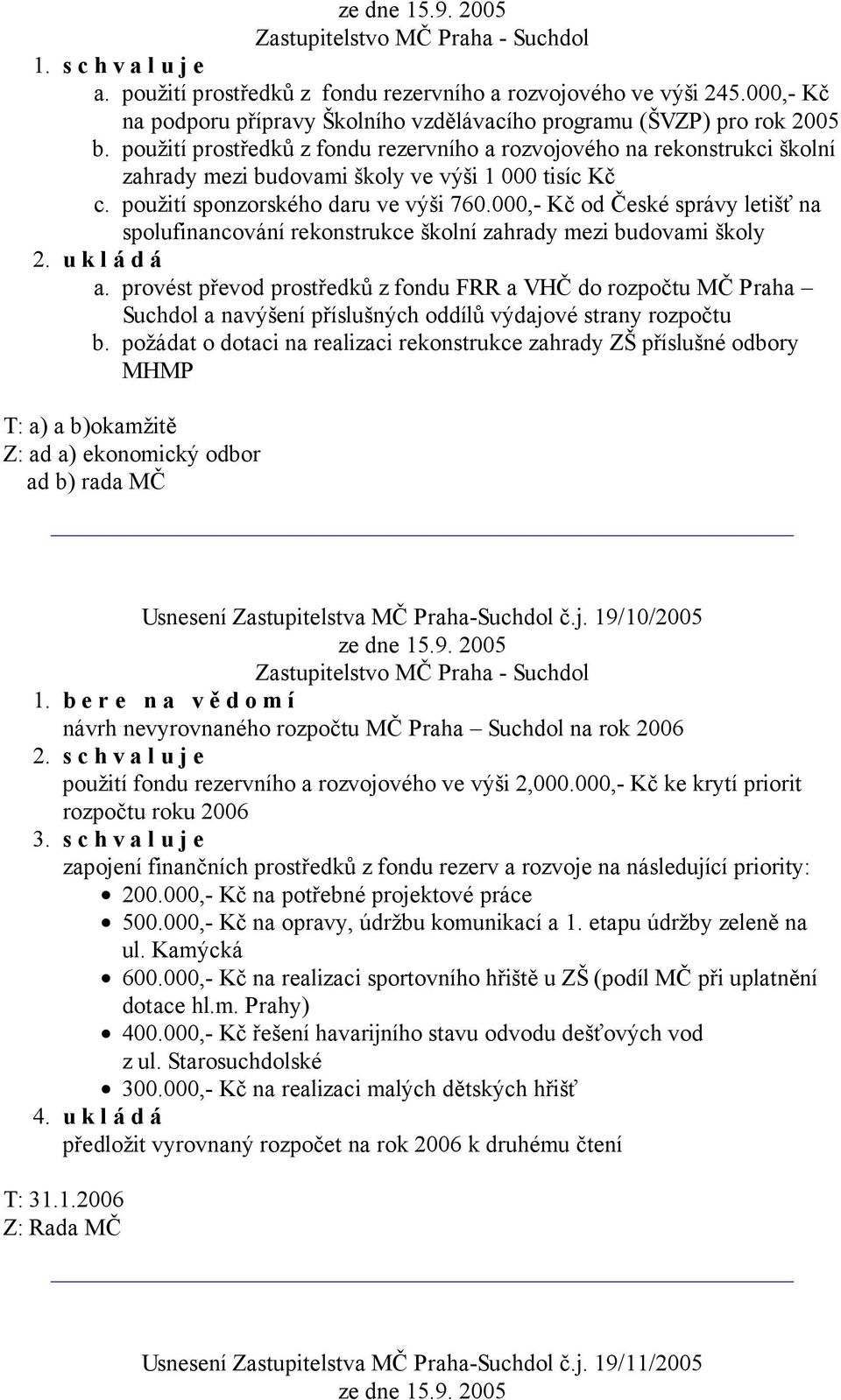 tisíc Kč c. použití sponzorského daru ve výši 760.000,- Kč od České správy letišť na spolufinancování rekonstrukce školní zahrady mezi budovami školy a.