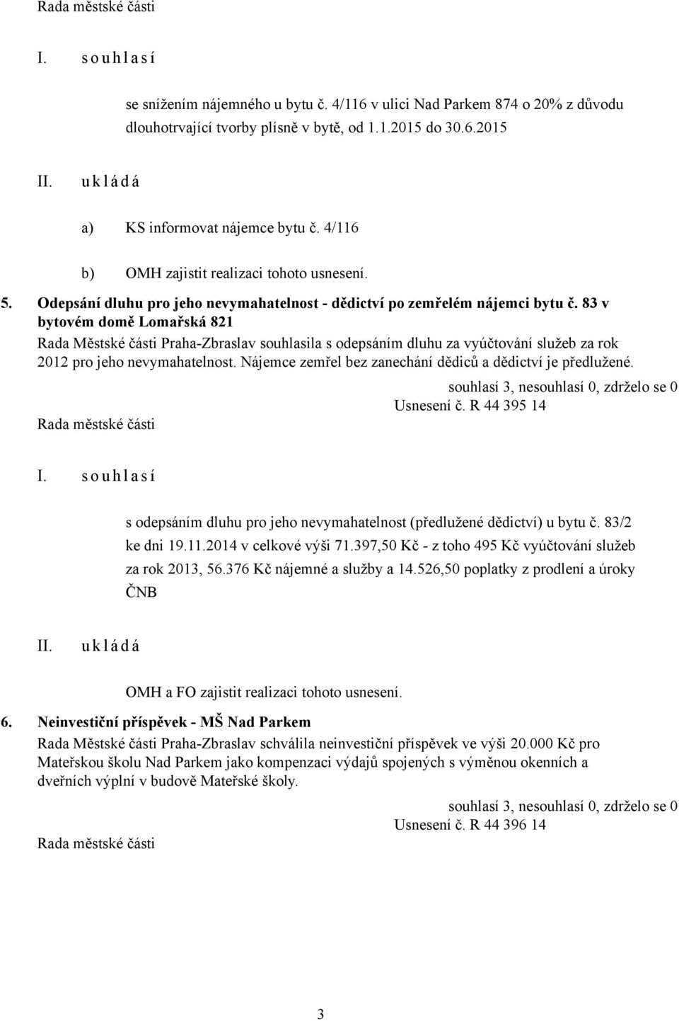 83 v bytovém domě Lomařská 821 Rada Městské části Praha-Zbraslav souhlasila s odepsáním dluhu za vyúčtování služeb za rok 2012 pro jeho nevymahatelnost.