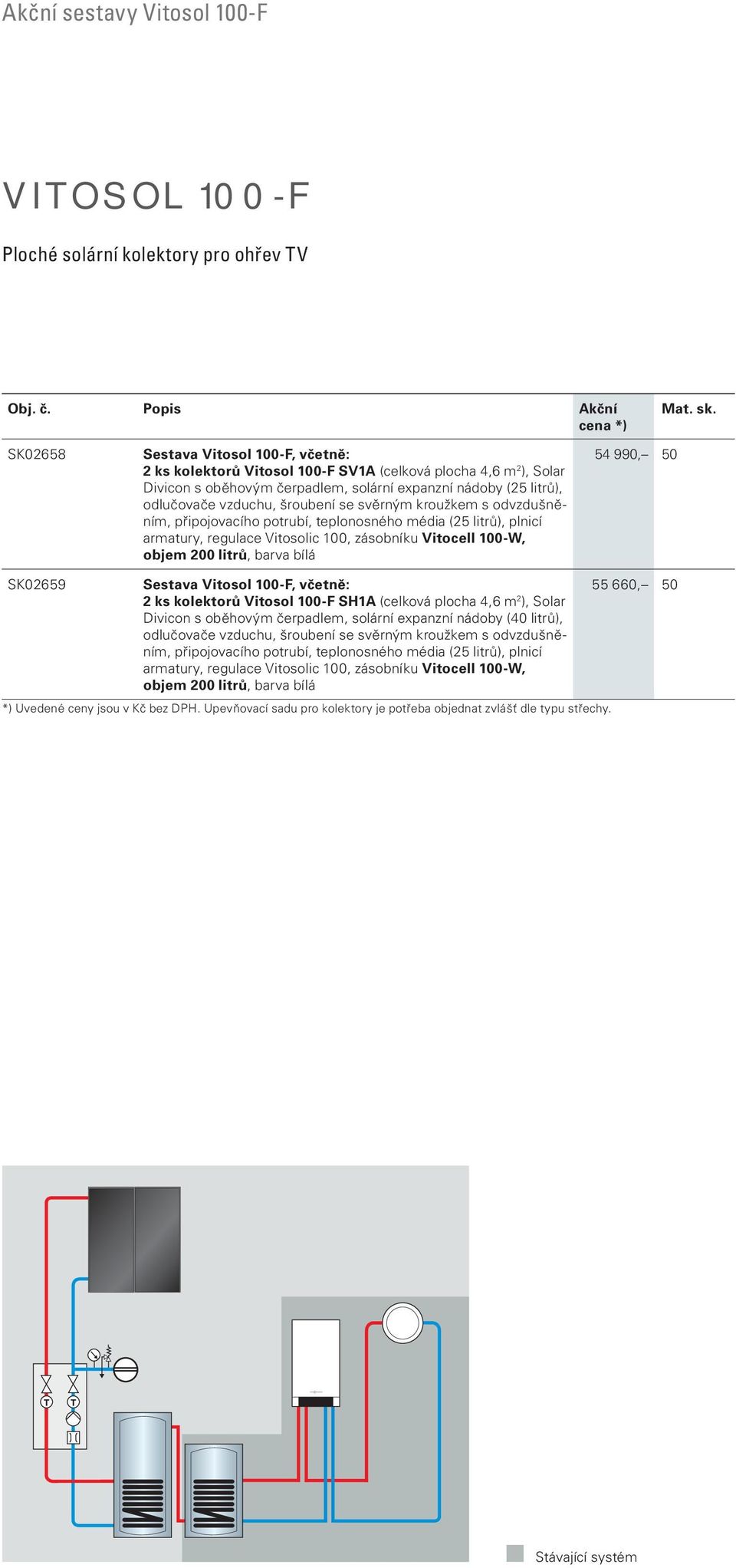 zásobníku Vitocell 100-W, objem 200 litrů, barva bílá 54 990, 50 SK02659 2 ks kolektorů Vitosol 100-F SH1A (celková plocha 4,6 m 2 ), Solar Divicon s oběhovým čerpadlem, solární