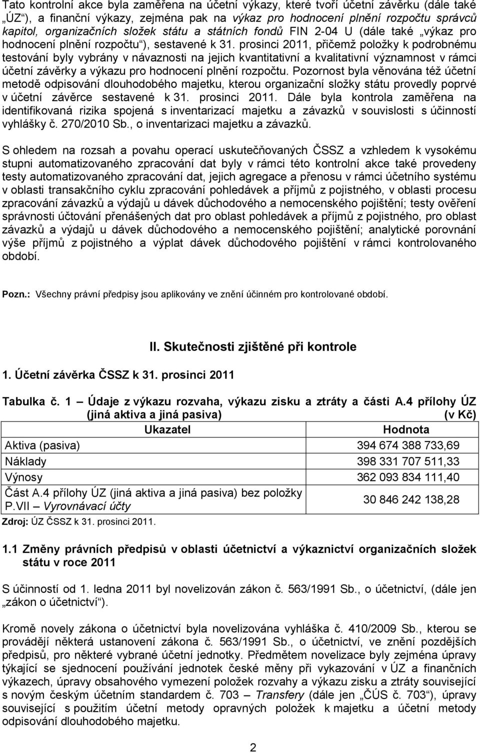 prosinci 2011, přičemž položky k podrobnému testování byly vybrány v návaznosti na jejich kvantitativní a kvalitativní významnost v rámci účetní závěrky a výkazu pro hodnocení plnění rozpočtu.