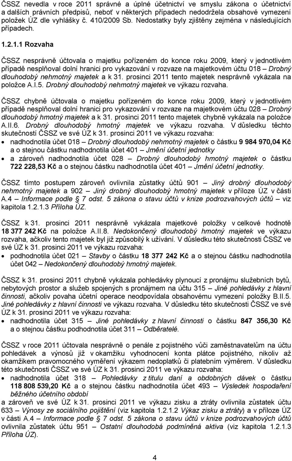 hranici pro vykazování v rozvaze na majetkovém účtu 018 Drobný dlouhodobý nehmotný majetek a k 31. prosinci 2011 tento majetek nesprávně vykázala na položce A.I.5.