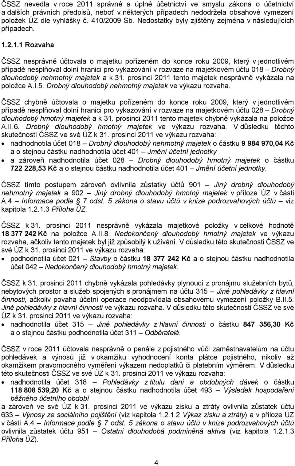 hranici pro vykazování v rozvaze na majetkovém účtu 018 Drobný dlouhodobý nehmotný majetek a k 31. prosinci 2011 tento majetek nesprávně vykázala na položce A.I.5.