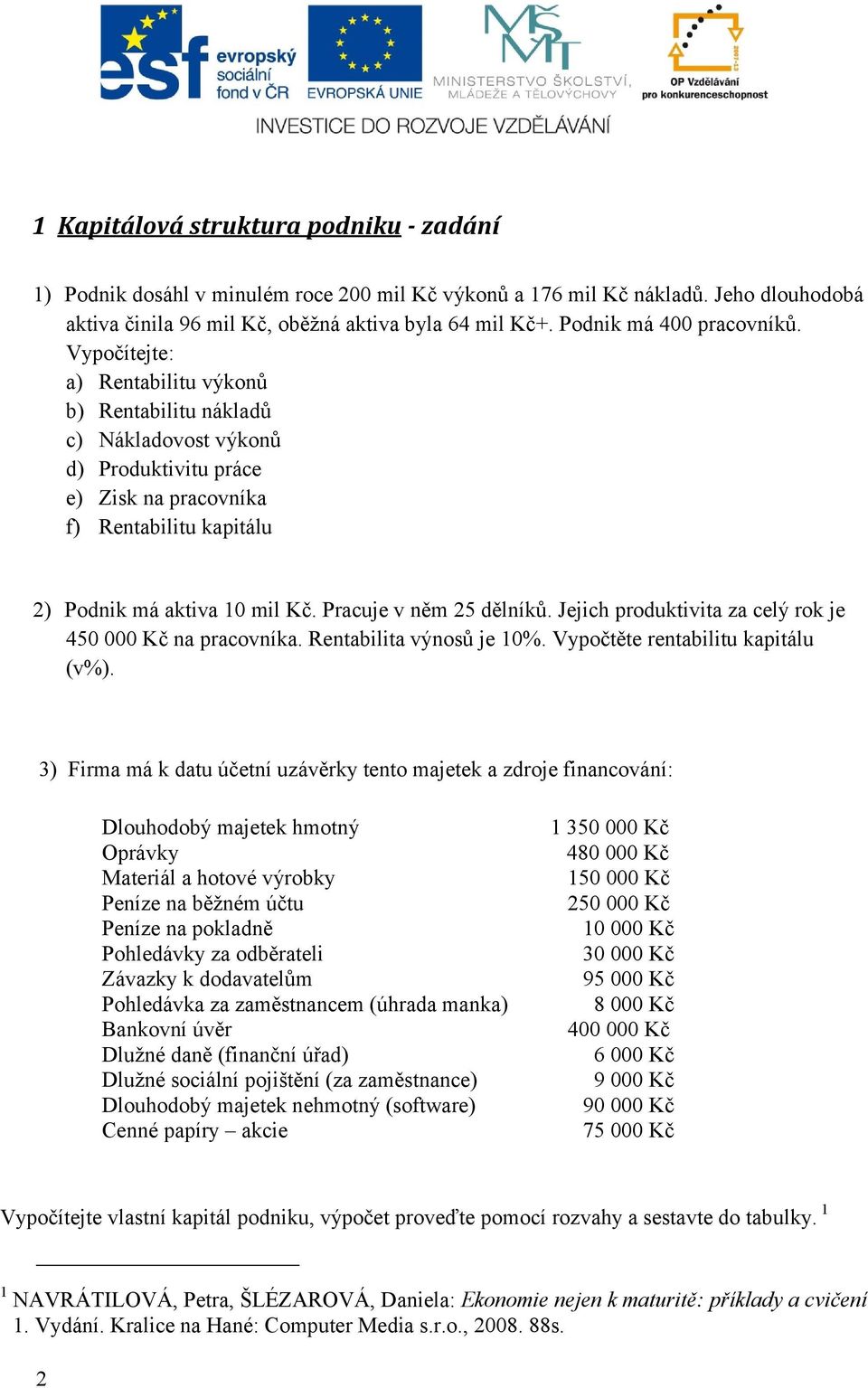 Vypočítejte: a) Rentabilitu výkonů b) Rentabilitu nákladů c) Nákladovost výkonů d) Produktivitu práce e) Zisk na pracovníka f) Rentabilitu kapitálu 2) Podnik má aktiva 10 mil Kč.