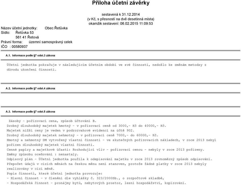 3 zákona Účetní jednotka pokračuje v následujícím účetním období ve své činnosti, nedošlo ke změnám metodsy z důvodu ukončení činnosti. A.2. Informace podle 7 odst.