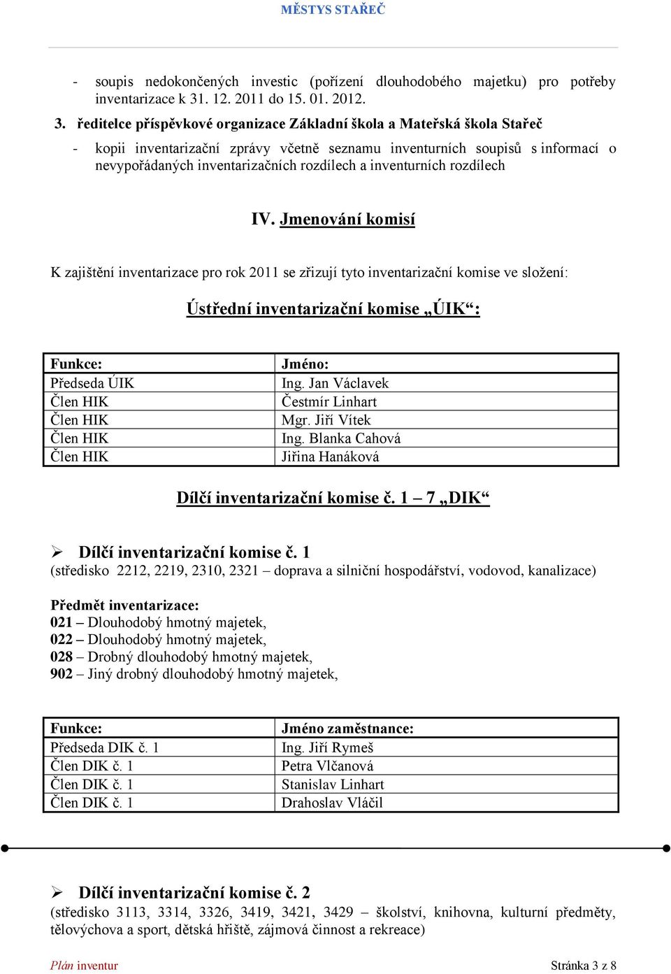 ředitelce příspěvkové organizace Základní škola a Mateřská škola Stařeč - kopii inventarizační zprávy včetně seznamu inventurních soupisů s informací o nevypořádaných inventarizačních rozdílech a