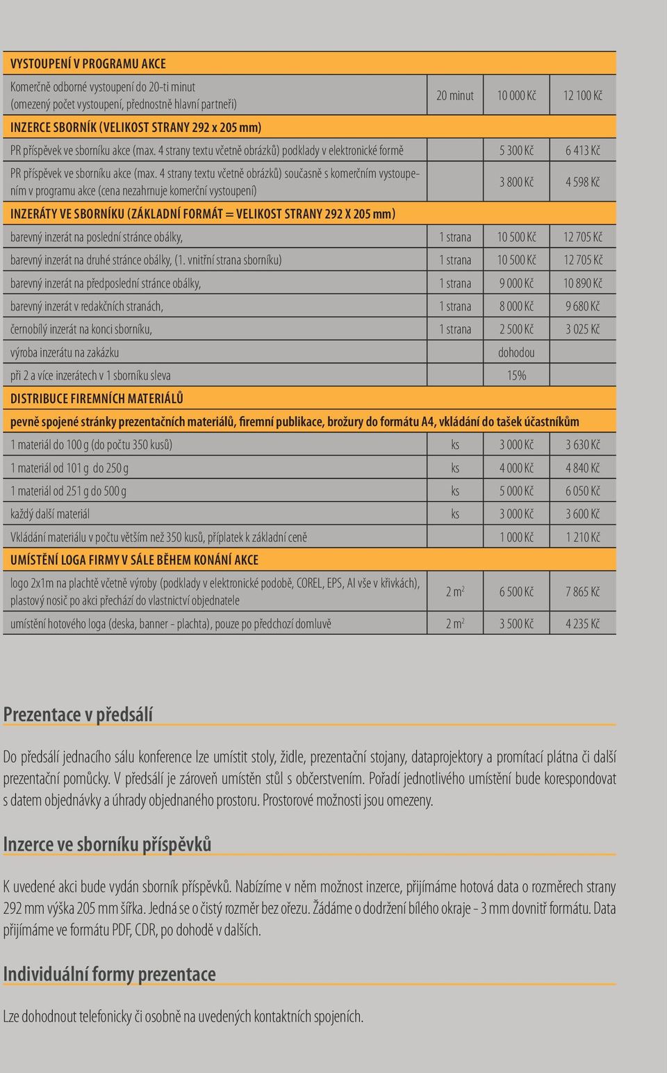 4 strany textu včetně obrázků) současně s komerčním vystoupením v programu akce (cena nezahrnuje komerční vystoupení) 3 800 Kč 4 598 Kč INZERÁTY VE SBORNÍKU (ZÁKLADNÍ FORMÁT = VELIKOST STRANY 292 X