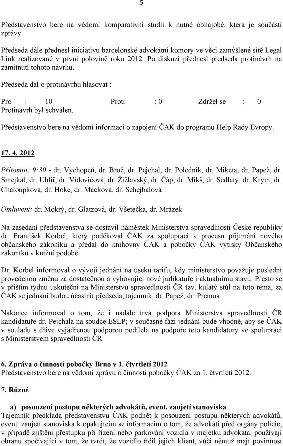 Po diskuzi přednesl předseda protinávrh na zamítnutí tohoto návrhu. Předseda dal o protinávrhu hlasovat : Pro : 10 Proti : 0 Zdržel se : 0 Protinávrh byl schválen.