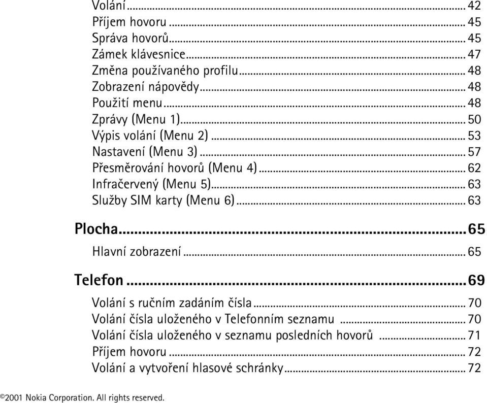 .. 63 Slu¾by SIM karty (Menu 6)... 63 Plocha...65 Hlavní zobrazení... 65 Telefon...69 Volání s ruèním zadáním èísla.