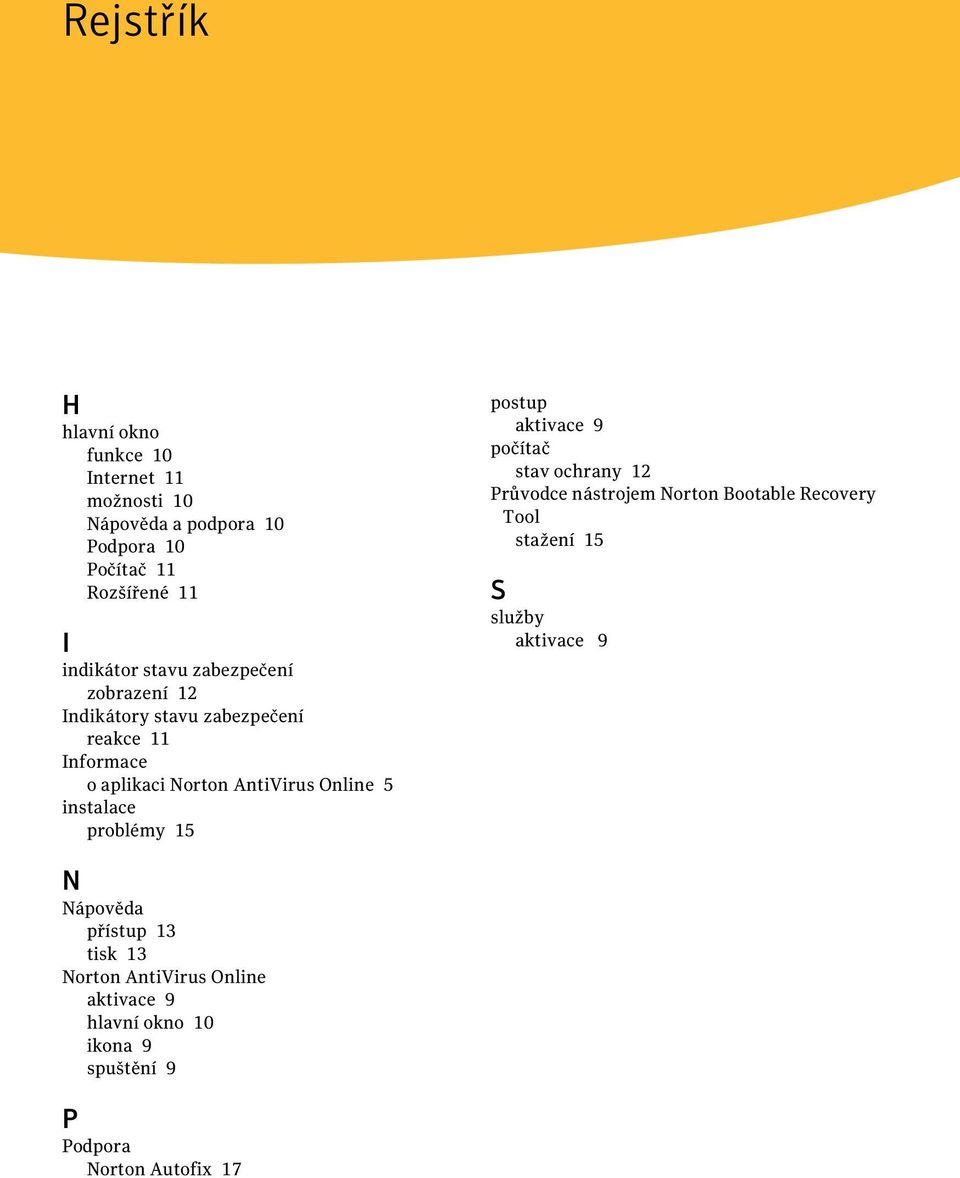 problémy 15 postup aktivace 9 počítač stav ochrany 12 Průvodce nástrojem Norton Bootable Recovery Tool stažení 15 S služby