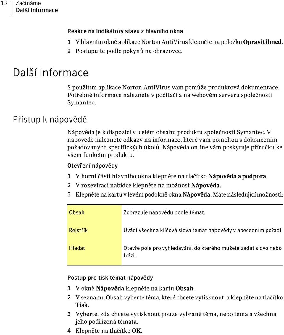 Nápověda je k dispozici v celém obsahu produktu společnosti Symantec. V nápovědě naleznete odkazy na informace, které vám pomohou s dokončením požadovaných specifických úkolů.