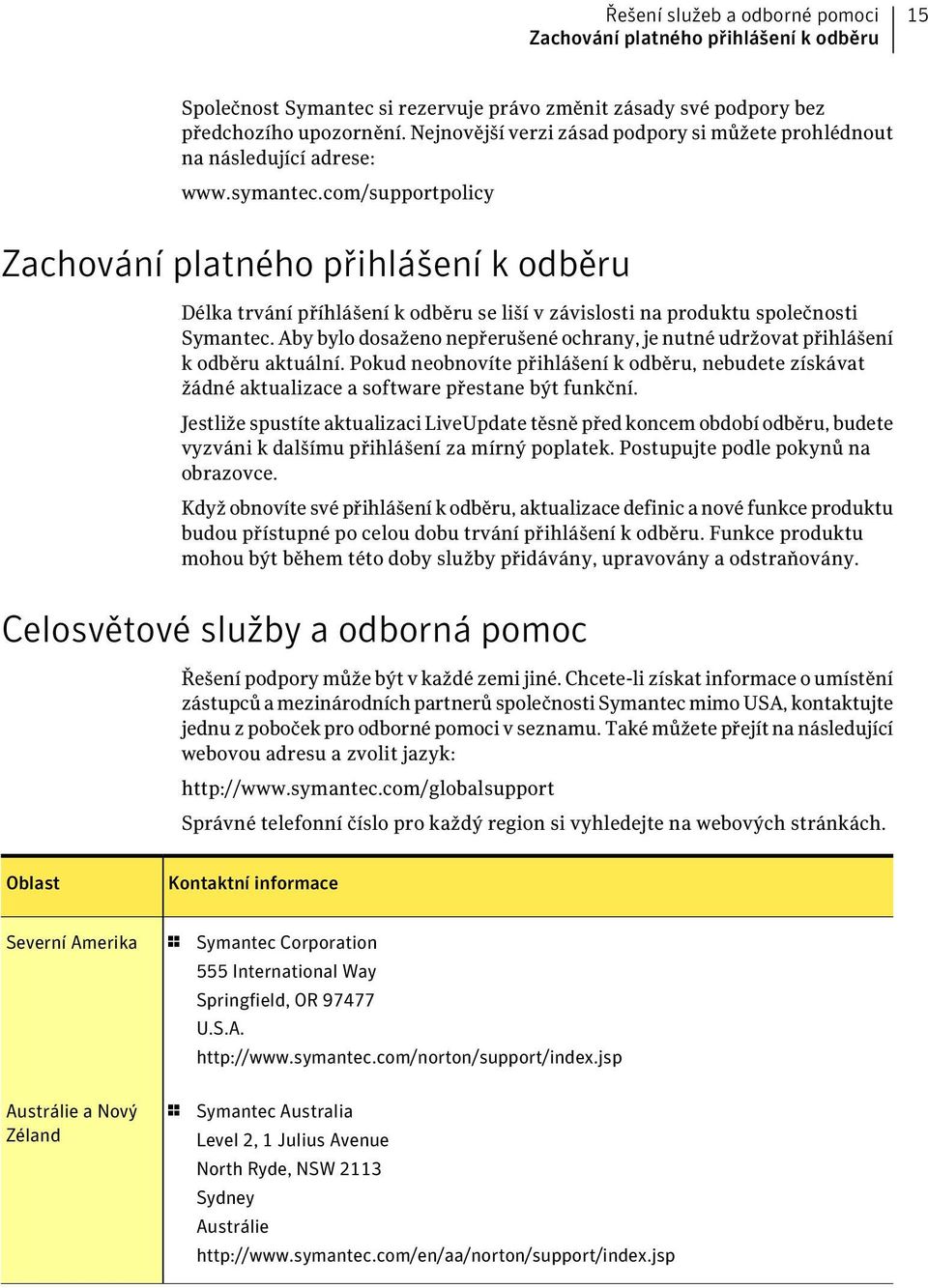 com/supportpolicy Zachování platného přihlášení k odběru Délka trvání příhlášení k odběru se liší v závislosti na produktu společnosti Symantec.