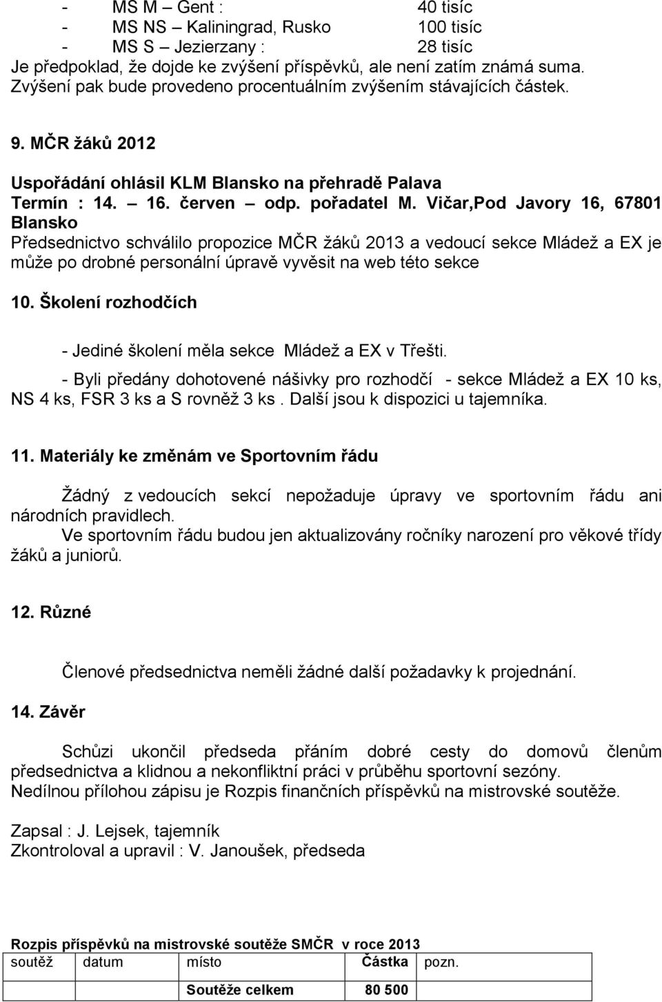 Vičar,Pod Javory 16, 67801 Blansko Předsednictvo schválilo propozice MČR žáků 2013 a vedoucí sekce Mládež a EX je může po drobné personální úpravě vyvěsit na web této sekce 10.