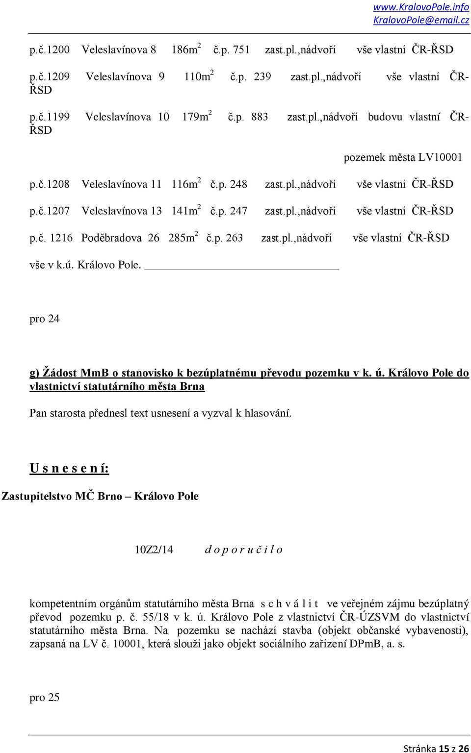p. 263 zast.pl.,nádvoří vše vlastní ČR-ŘSD vše v k.ú. Královo Pole. pro 24 g) Žádost MmB o stanovisko k bezúplatnému převodu pozemku v k. ú.